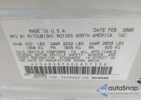 2006 Mitsubishi Galant Es/Se из США, поврежденный, VIN 4A3AB36F86E057356